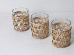 Lot de 3 photophores en verre & rotin tressé