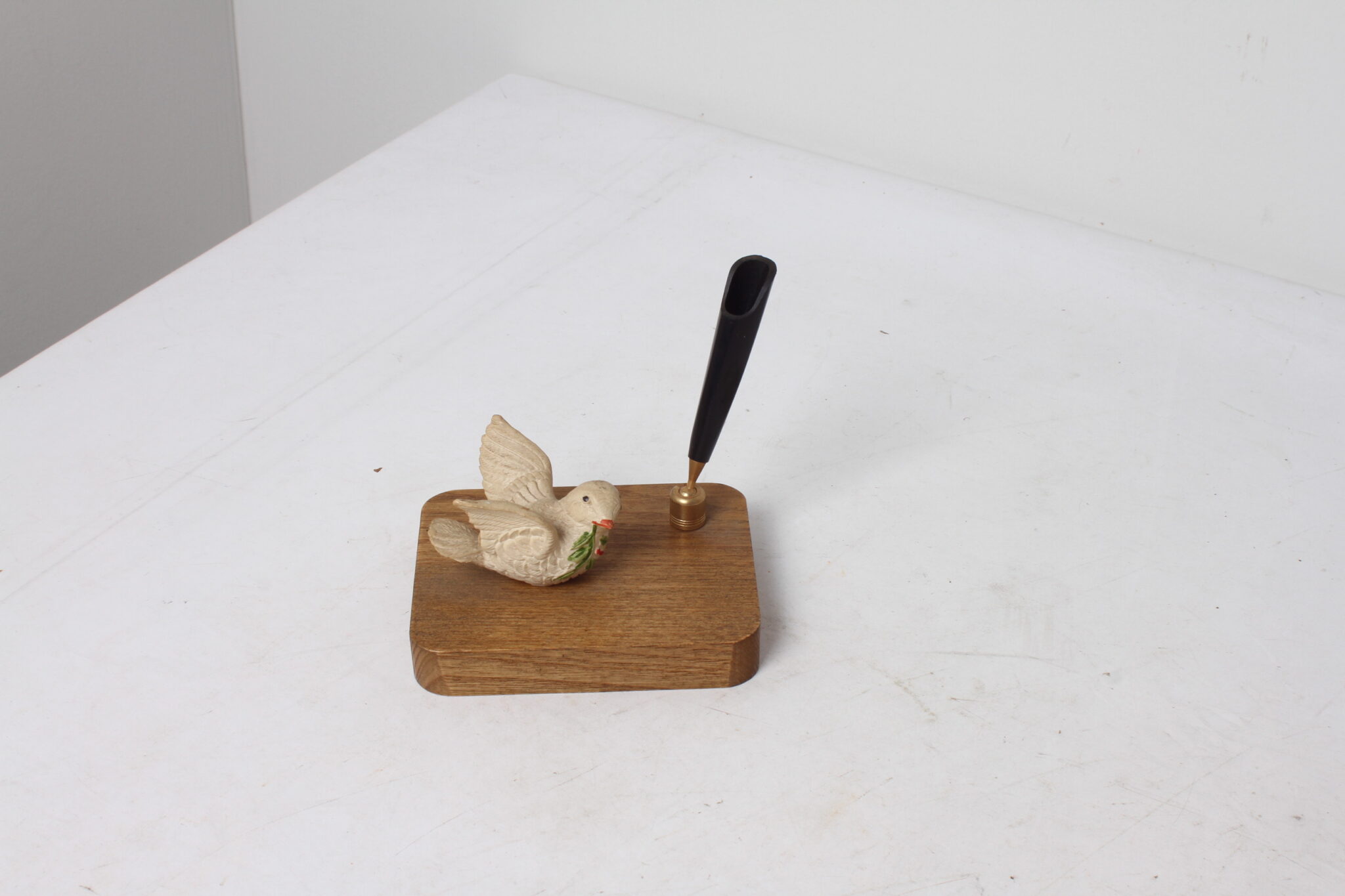 Porte-stylo vintage en bois décor oiseau