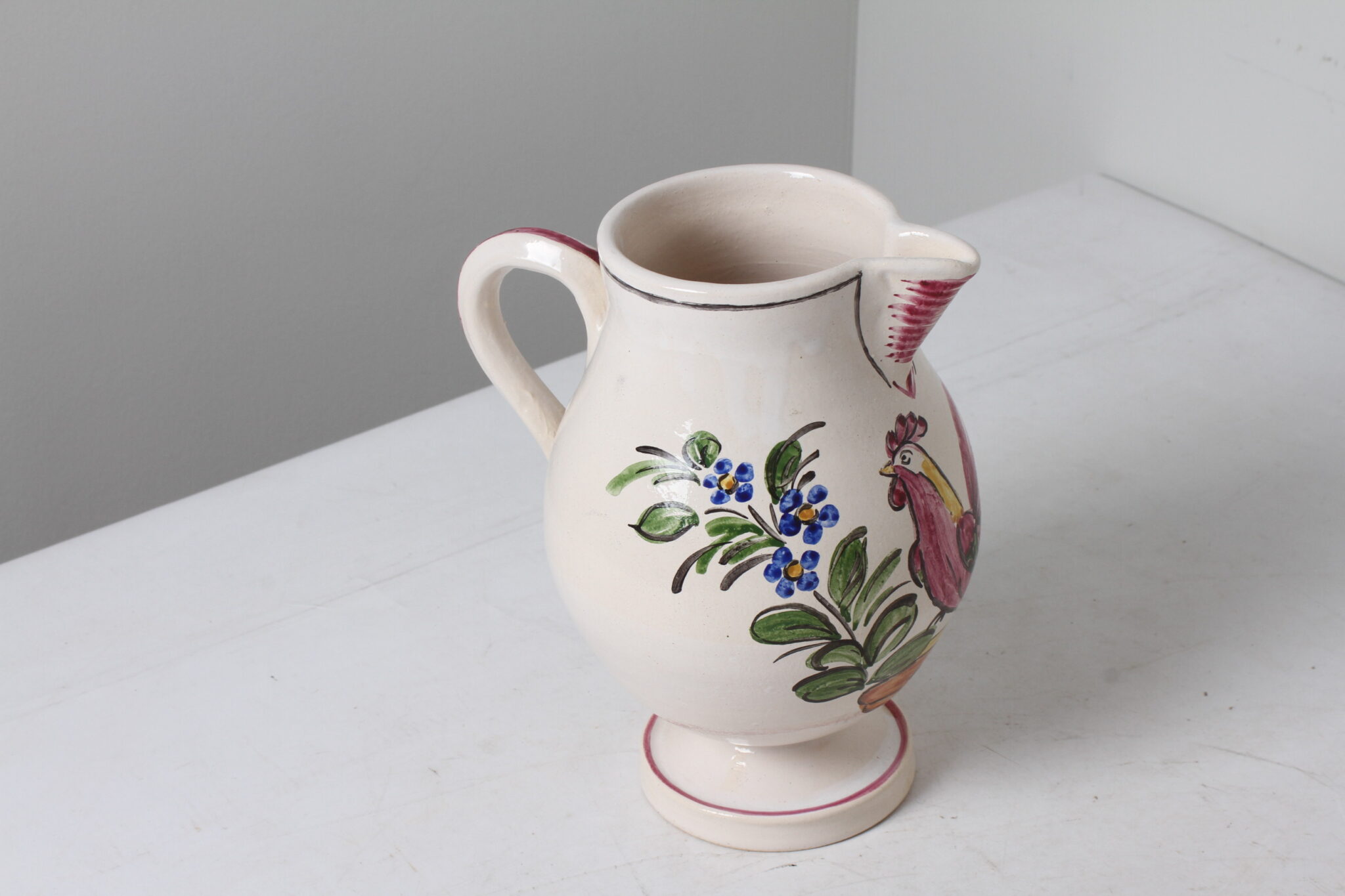 Pichet en céramique décor floral et coq colorées (3)