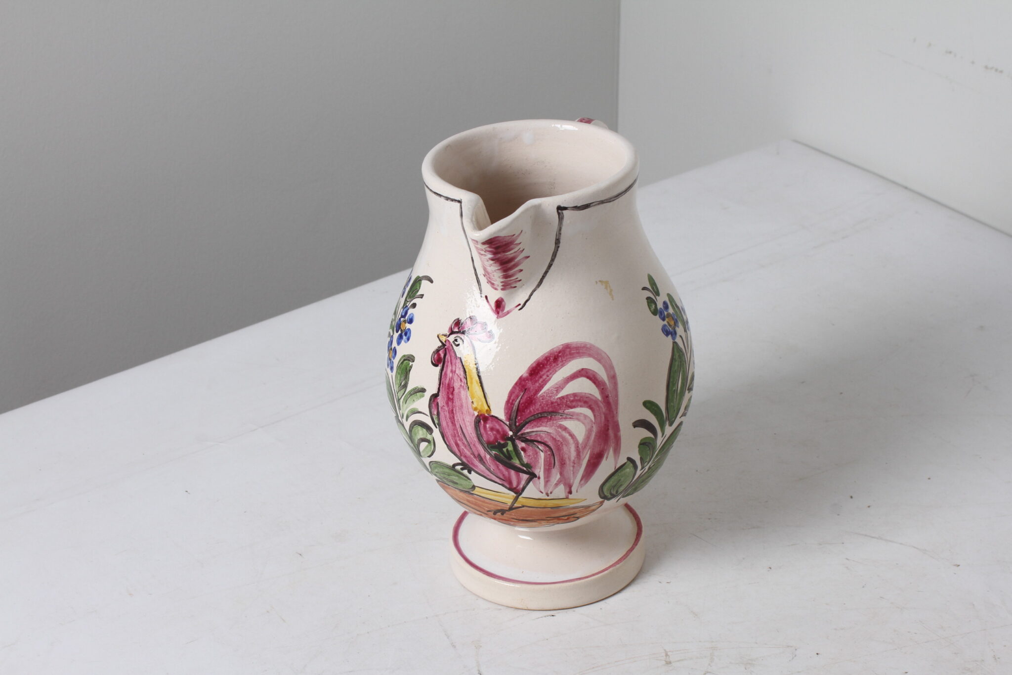 Pichet en céramique décor floral et coq colorées (4)