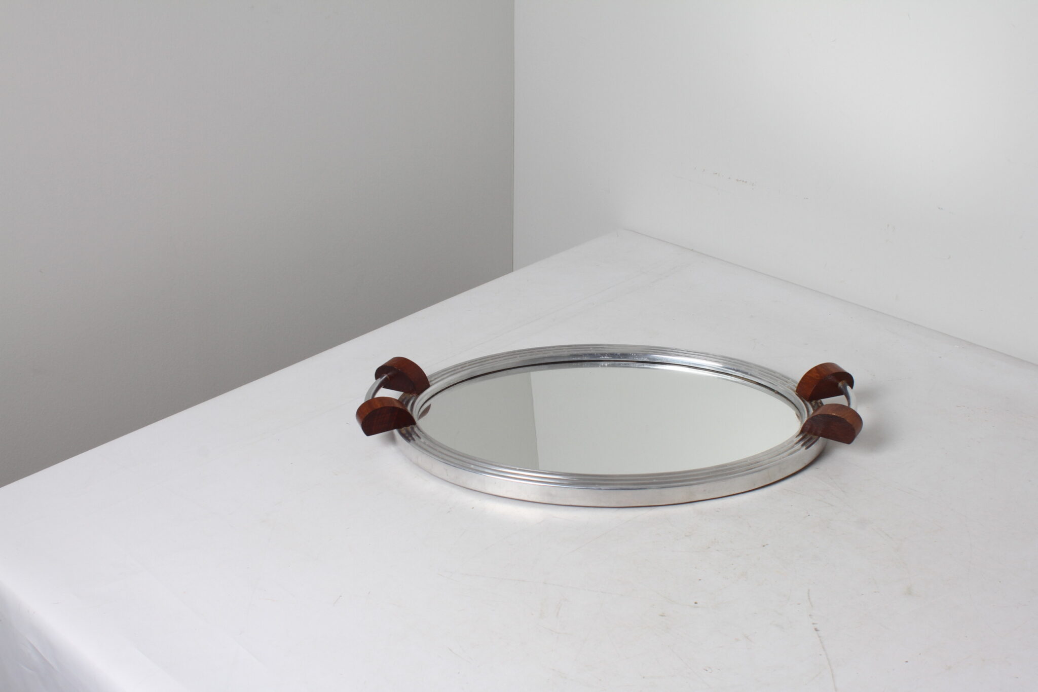 Plateau de services miroir forme ovale en métal et bois vintage (2)
