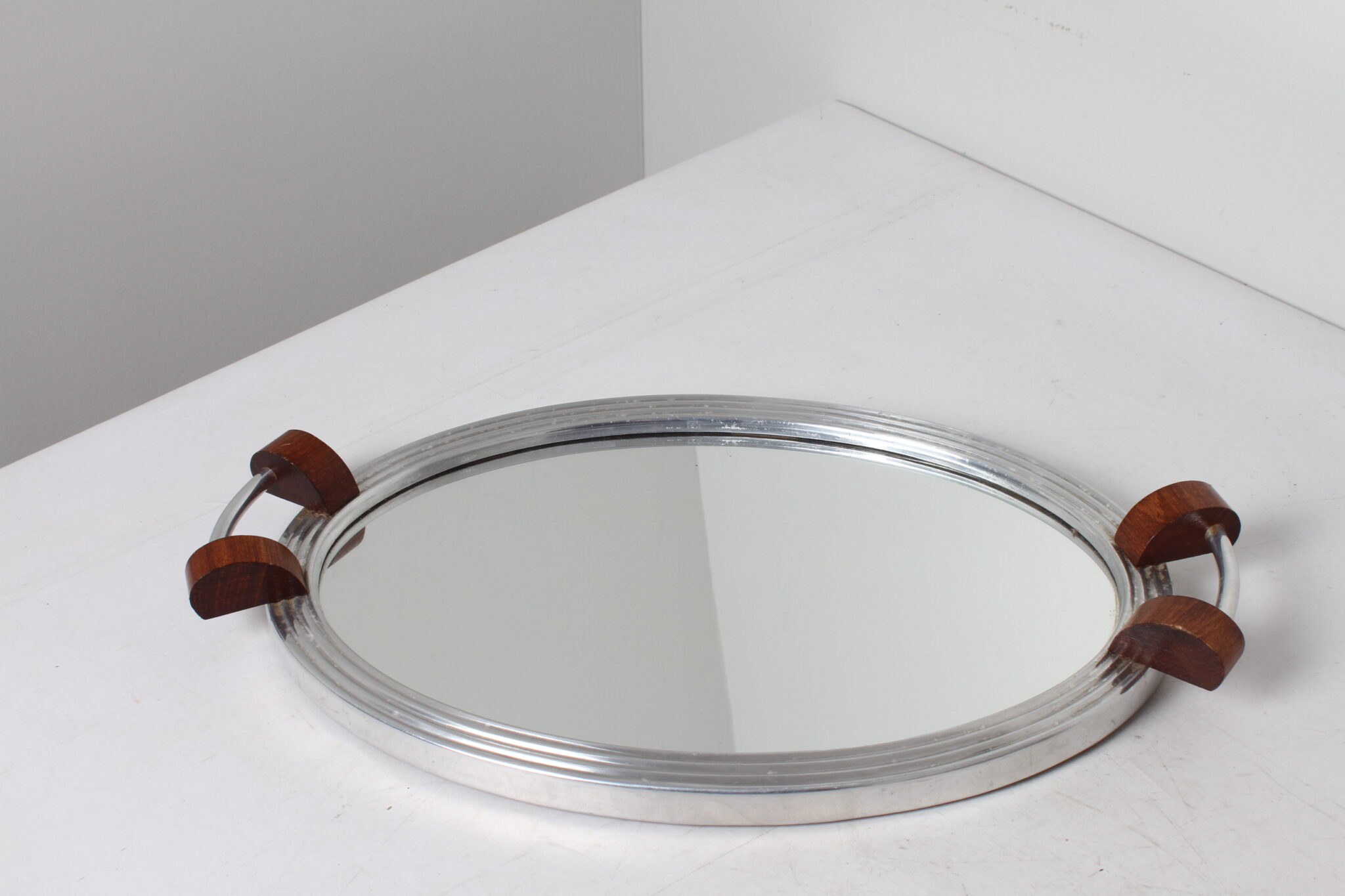 Plateau de services miroir forme ovale en métal et bois vintage (3)